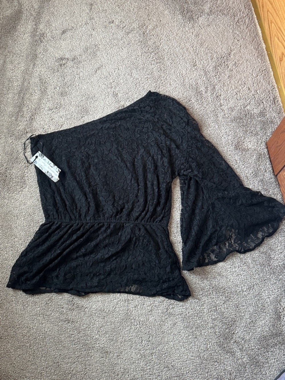 Paper Tee Black Lace One Shoulder Peplum Blouse SIZE XL
